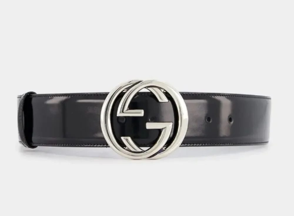 Gucci Interlocking G Brushed Leather Wide Belt Black Silver Buckle Size 80